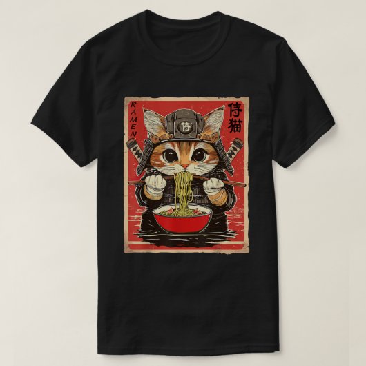 Japanse Samurai Ninja Kat Eten Ramen Noodles T-shirt (Design voorkant)