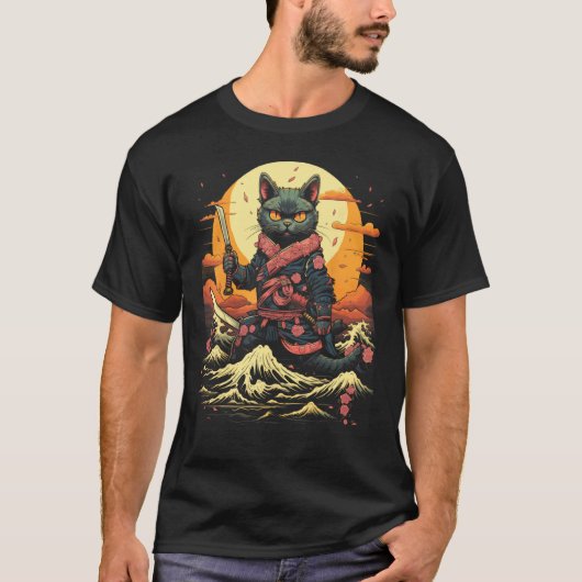 Japanse Samurai Ninja Kat Retro Tatoeage Grafisch T-shirt (Voorkant)