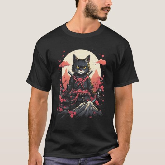 Japanse Samurai Ninja Kat Retro Tattoo Grafisch # T-shirt (Voorkant)