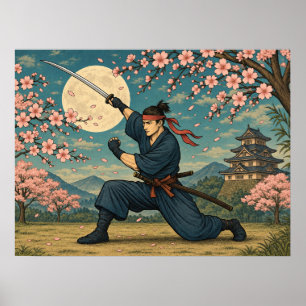 Japanse Samurai Vollemaan Kersenbloesem Poster