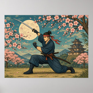 Japanse Samurai Vollemaan Kersenbloesem Poster