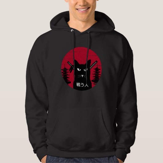 Japanse Samurai zwarte kat Ninja Art Hoodie (Voorkant)