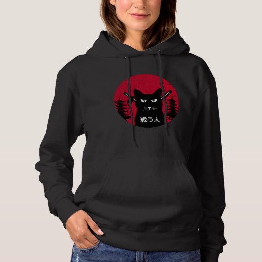  Japanse Samurai zwarte kat Ninja Art Hoodie (Voorkant)