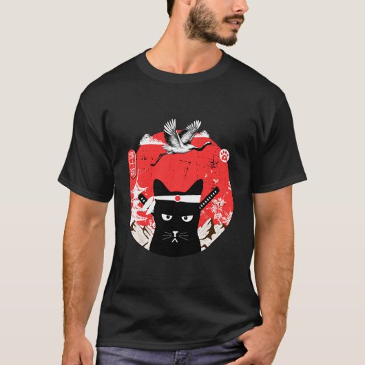 Japanse Samurai zwarte kat T-shirt (Voorkant)