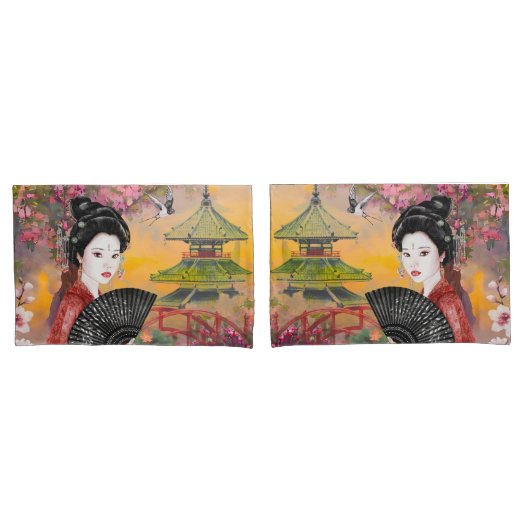 Japanse scène met een vrouw kussensloop (Voorkant-Set)