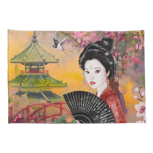 Japanse scène met een vrouw kussensloop (Achterkant-Rechts)