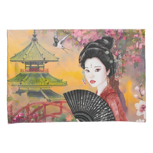 Japanse scène met een vrouw kussensloop (Voorkant-Rechts)