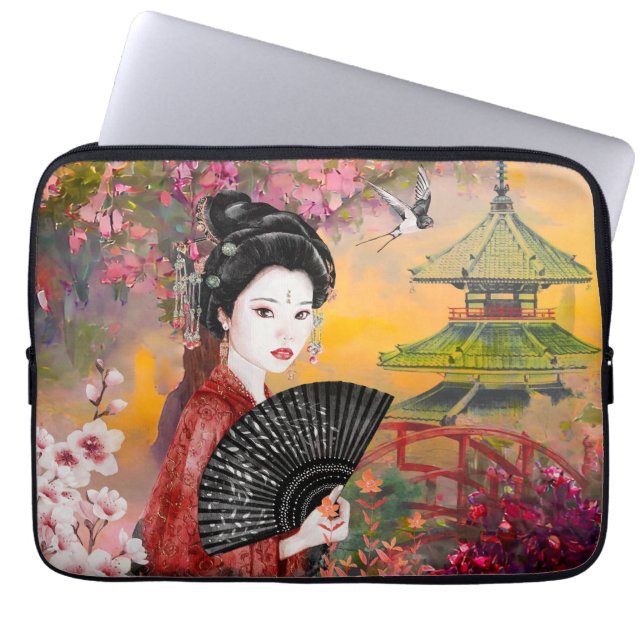 Japanse scène met een vrouw laptop sleeve (Voorkant)