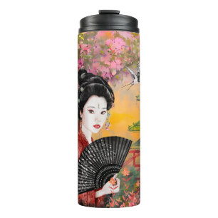 Japanse scène met een vrouw thermosbeker