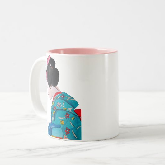 Japanse schattige Geisha met kersenbloesem Tweekleurige Koffiemok (Voorkant links)