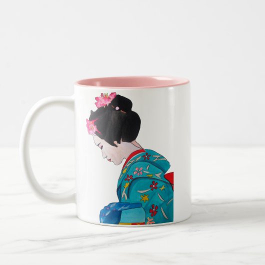Japanse schattige Geisha met kersenbloesem Tweekleurige Koffiemok (Links)