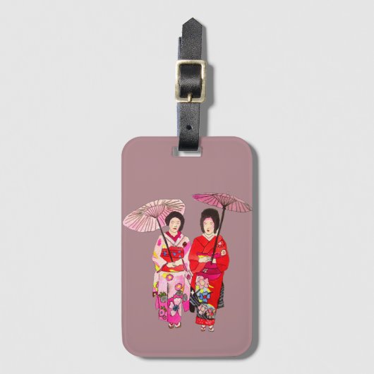 Japanse schattige Geisha met roze kimono Bagagelabel (Voorkant (verticaal))