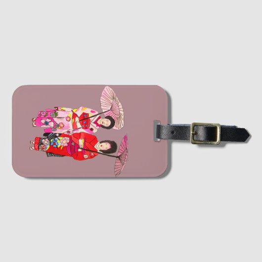 Japanse schattige Geisha met roze kimono Bagagelabel (Voorkant (horizontaal))