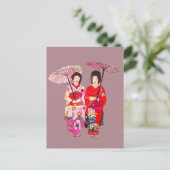 Japanse schattige Geisha met roze kimono Briefkaart (Staand voorkant)