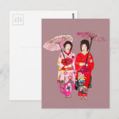 Japanse schattige Geisha met roze kimono Briefkaart (Voorkant / Achterkant)