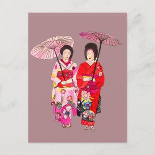 Japanse schattige Geisha met roze kimono Briefkaart