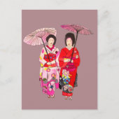Japanse schattige Geisha met roze kimono Briefkaart (Voorkant)