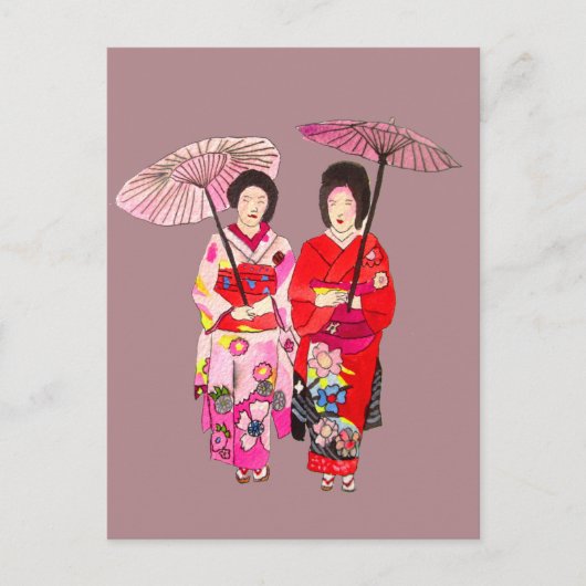 Japanse schattige Geisha met roze kimono Briefkaart (Voorkant)