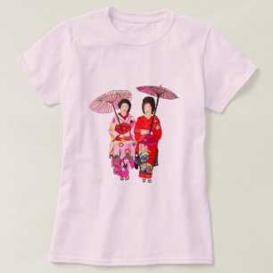 Japanse schattige Geisha met roze kimono T-shirt