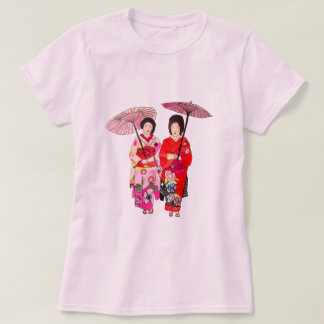 Japanse schattige Geisha met roze kimono T-shirt