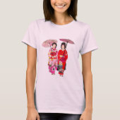 Japanse schattige Geisha met roze kimono T-shirt (Voorkant)