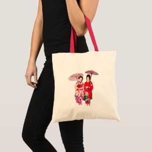 Japanse schattige Geisha met roze kimono Tote Bag