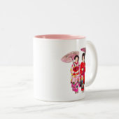 Japanse schattige Geisha met roze kimono Tweekleurige Koffiemok (Voorkant rechts)