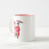 Japanse schattige Geisha met roze kimono Tweekleurige Koffiemok (Voorkant links)
