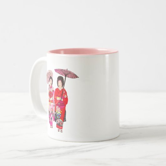 Japanse schattige Geisha met roze kimono Tweekleurige Koffiemok (Voorkant links)