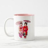 Japanse schattige Geisha met roze kimono Tweekleurige Koffiemok (Links)