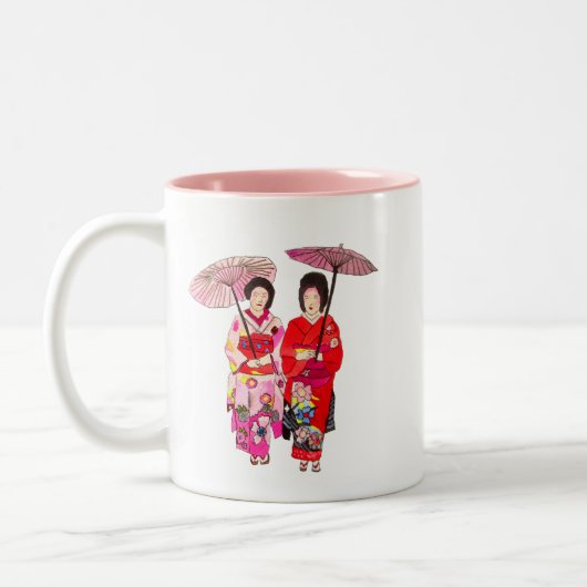 Japanse schattige Geisha met roze kimono Tweekleurige Koffiemok (Links)