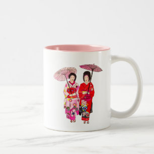 Japanse schattige Geisha met roze kimono Tweekleurige Koffiemok