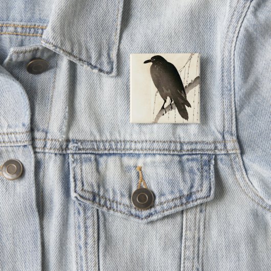 Japanse schets van een raven vierkante button 5,1 cm (In situ)
