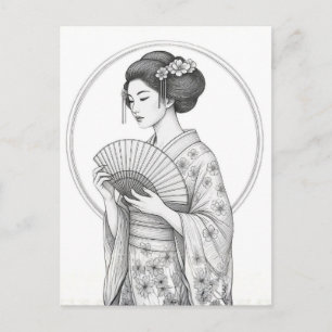 Japanse schoonheid met opvouwbare waaier briefkaart