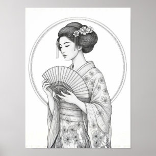 Japanse schoonheid met opvouwbare waaier poster