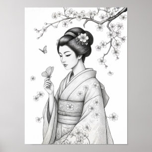 Japanse schoonheid met vlinders poster