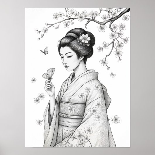 Japanse schoonheid met vlinders poster (Voorkant)
