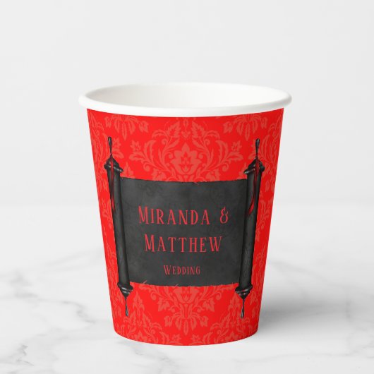Japanse Scroll Rood Zwart Damast Wedding Papieren Bekers (Voorkant)