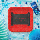 Japanse Scroll Rood Zwart Damast Wedding Papieren Bordje (Feest)