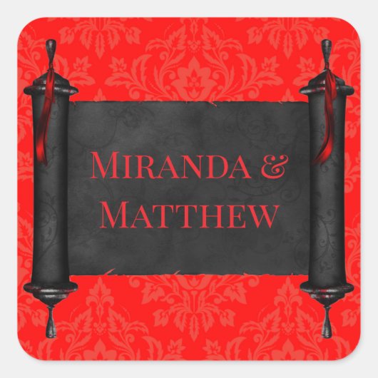 Japanse Scroll Rood Zwart Damast Wedding Vierkante Sticker (Voorkant)