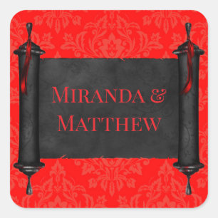 Japanse Scroll Rood Zwart Damast Wedding Vierkante Sticker