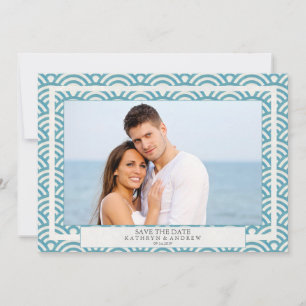 Japanse Seigaiha-golven Save The Date platte foto Kaart