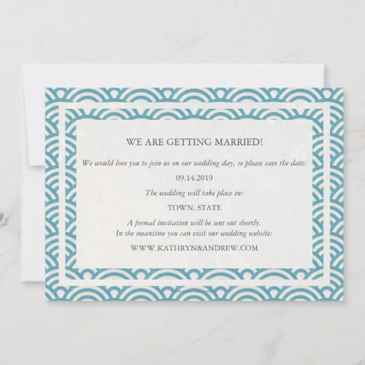 Japanse Seigaiha-golven Save The Date platte foto Kaart (Achterkant)