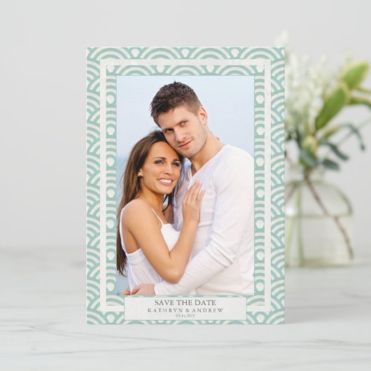 Japanse Seigaiha Trouw Save The Date Platte Foto Kaart (Staand voorkant)