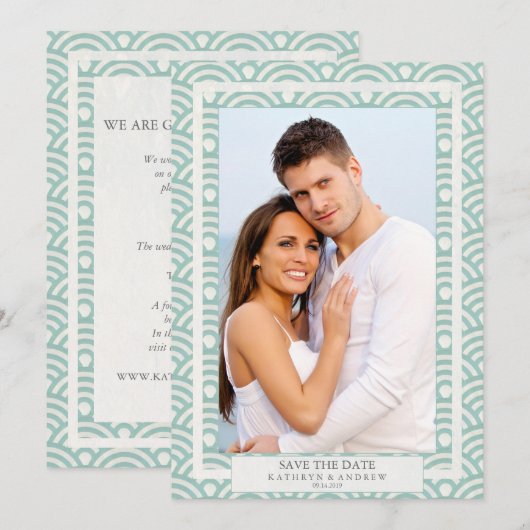 Japanse Seigaiha Trouw Save The Date Platte Foto Kaart (Voorkant / Achterkant)