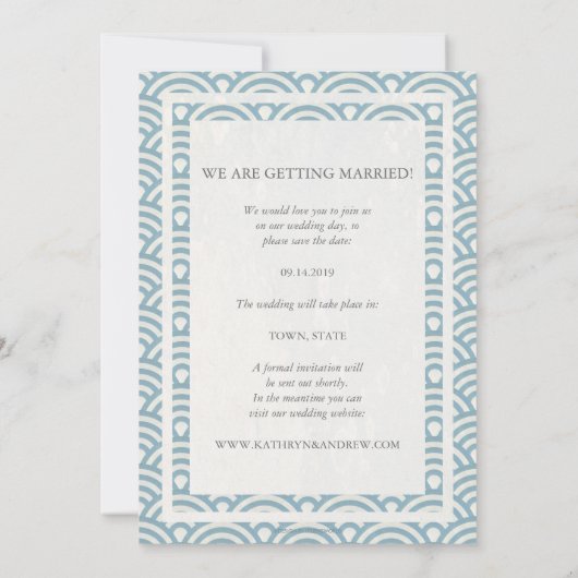 Japanse Seigaiha Trouw Save The Date Platte Foto Kaart (Achterkant)