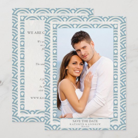 Japanse Seigaiha Trouw Save The Date Platte Foto Kaart (Voorkant / Achterkant)