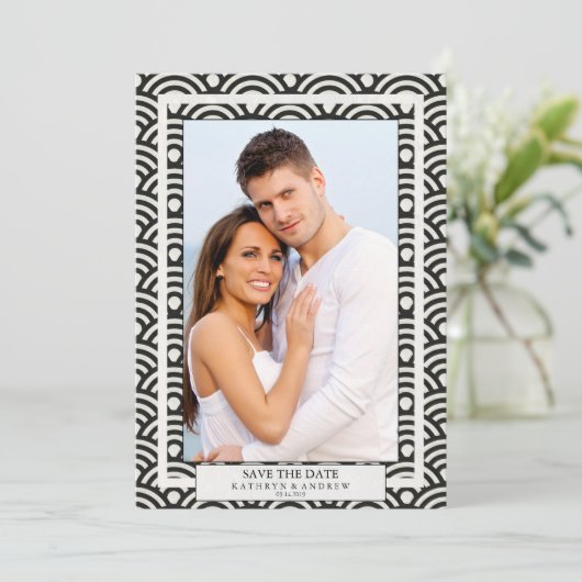 Japanse Seigaiha Trouw Save The Date Platte Foto Kaart (Staand voorkant)