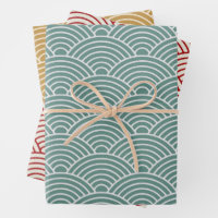 Japanse Seigaiha Wave | Sage Green, Mustard, Red