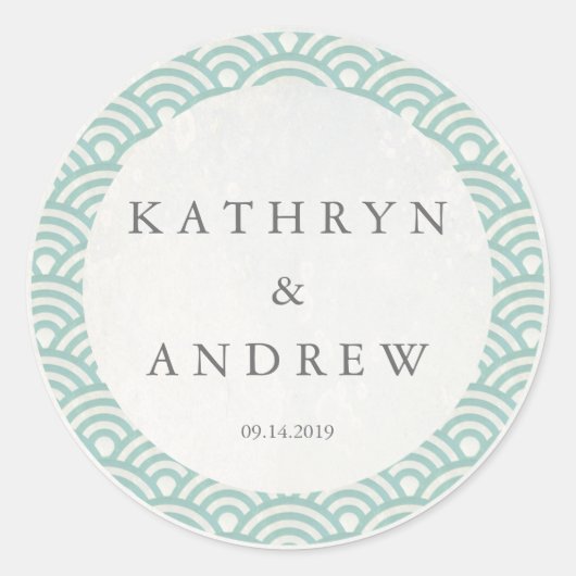 Japanse Seigaiha Waves Custom Names+Date Weddensch Ronde Sticker (Voorkant)
